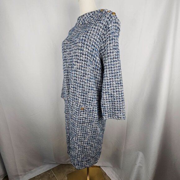 Talbots Button Detail Tweed Shift Dress Size XL Blue/White Mockneck Career - Picture 8 of 12